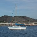 Another sailboat moored to the starboard side of Gaudi.